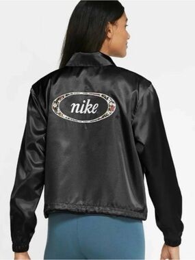Nike Black Satin Jacket with Floral Oval Logo